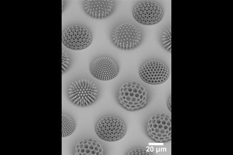 An image showing various polymeric micro-sized balls fabricated by two-photon lithography based 3D printing technology
